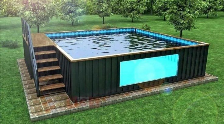 Halb-eingelassener Poolcontainer quadratisch mit Holzterrasse